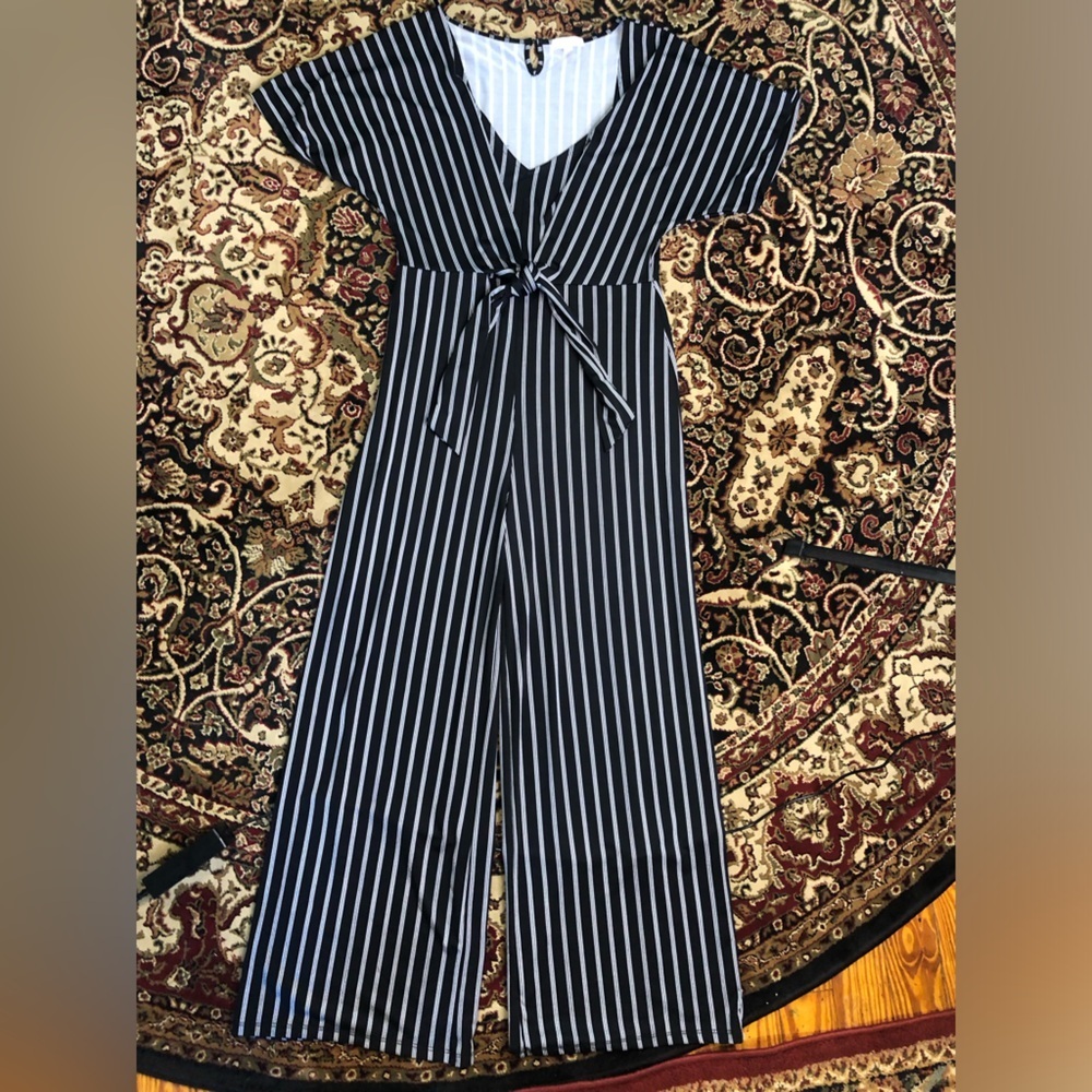 Ultra Flirt Black and White Striped Jumpsuit Large wide leg